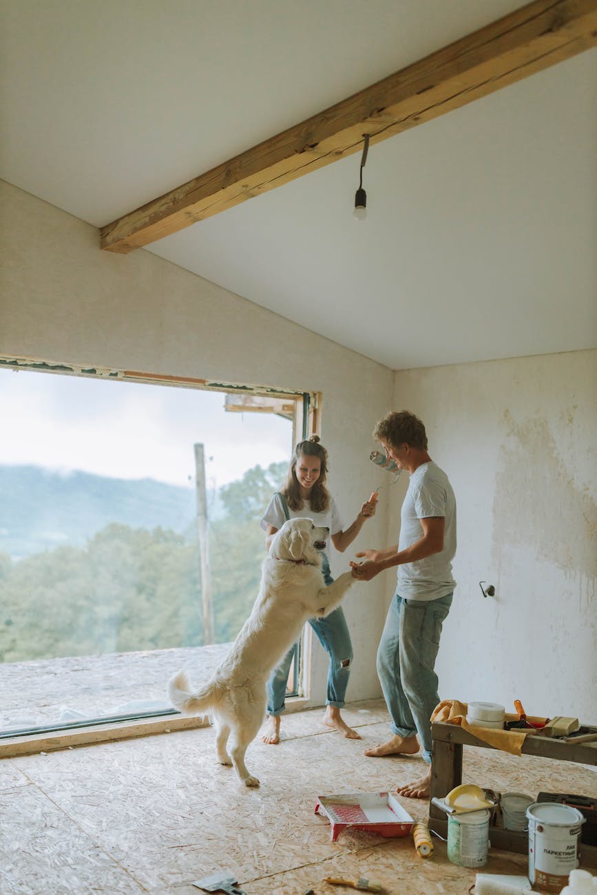 man and woman playing with their dog while doing renovation